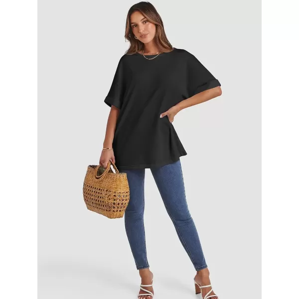 imageATHMILE Womens Oversized T Shirts Loose Fit Crewneck Short Sleeve Summer Casual Blouse 2024 Y2K Tee TopsBlack