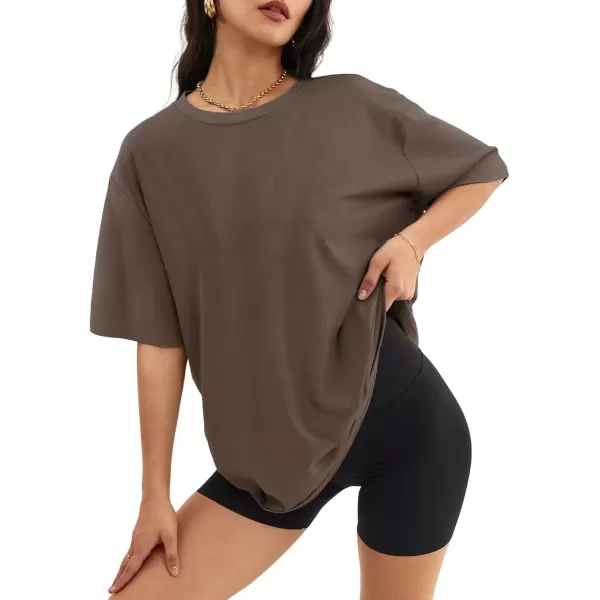 imageATHMILE Womens Oversized T Shirts Loose Fit Crewneck Short Sleeve Tops Summer Casual Blouse Y2K 2024 Basic TeeBrown