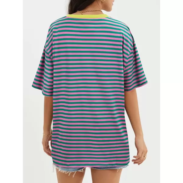 imageATHMILE Womens Oversized T Shirts Loose Fit Crewneck Short Sleeve Tops Summer Casual Blouse Y2K 2024 Basic TeeStriped Pink  Green