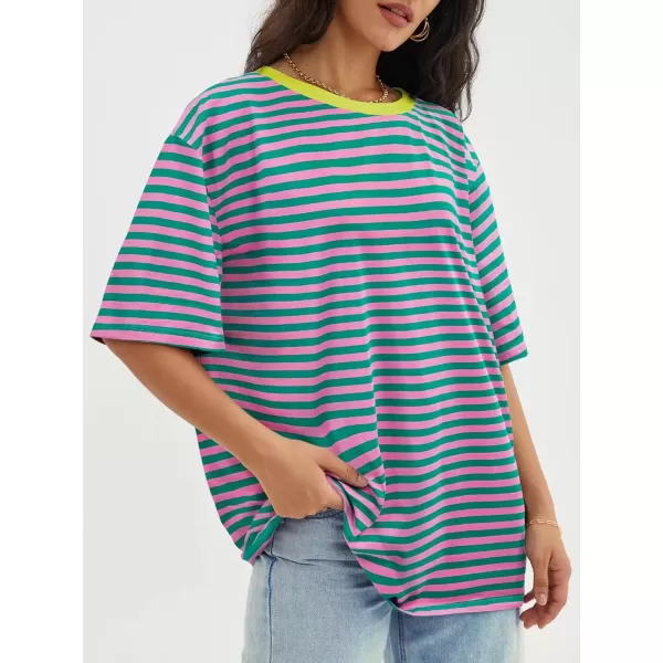 imageATHMILE Womens Oversized T Shirts Loose Fit Crewneck Short Sleeve Tops Summer Casual Blouse Y2K 2024 Basic TeeStriped Pink  Green