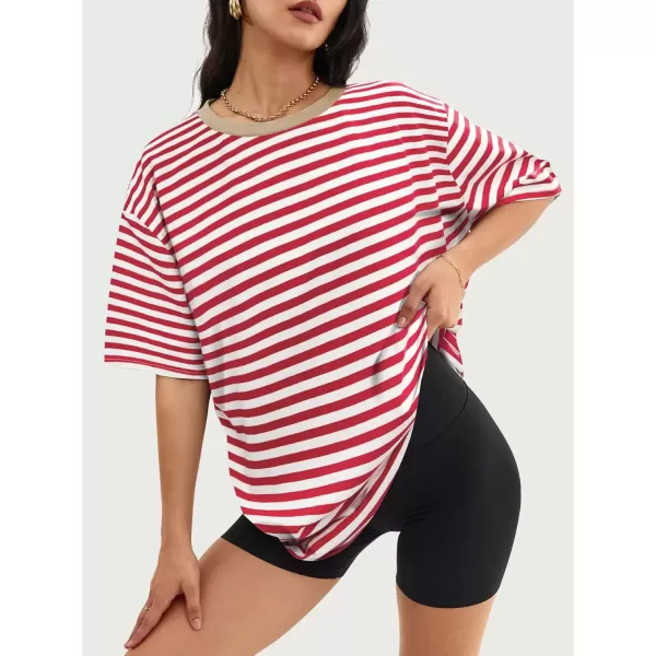 imageATHMILE Womens Oversized T Shirts Loose Fit Crewneck Short Sleeve Tops Summer Casual Blouse Y2K 2024 Basic TeeStriped Red  White