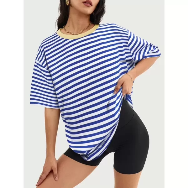 imageATHMILE Womens Oversized T Shirts Loose Fit Crewneck Short Sleeve Tops Summer Casual Blouse Y2K 2024 Basic TeeStriped Blue  White