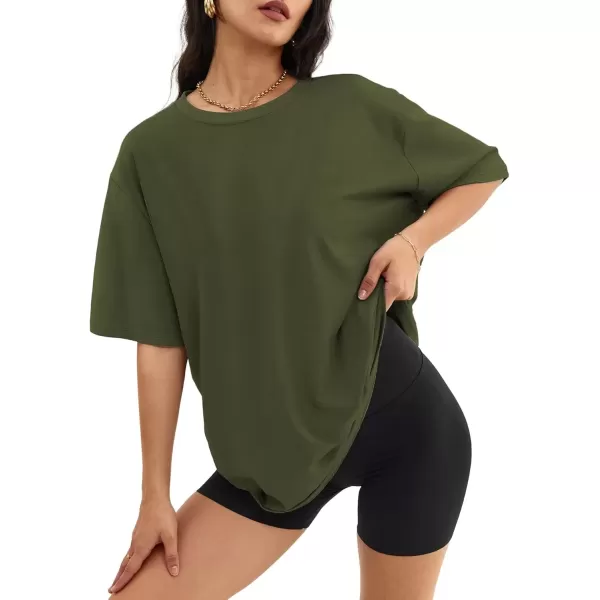 imageATHMILE Womens Oversized T Shirts Loose Fit Crewneck Short Sleeve Tops Summer Casual Blouse Y2K 2024 Basic TeeArmygreen