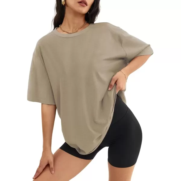 imageATHMILE Womens Oversized T Shirts Loose Fit Crewneck Short Sleeve Tops Summer Casual Blouse Y2K 2024 Basic TeeKhaki
