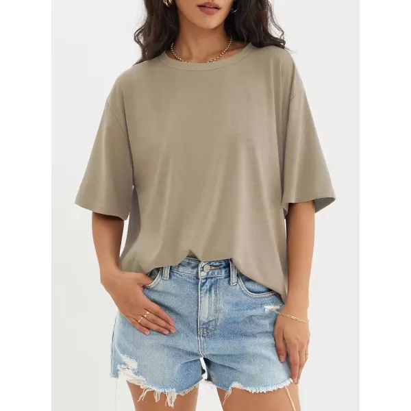 imageATHMILE Womens Oversized T Shirts Loose Fit Crewneck Short Sleeve Tops Summer Casual Blouse Y2K 2024 Basic TeeKhaki