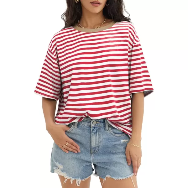 imageATHMILE Womens Oversized T Shirts Loose Fit Crewneck Short Sleeve Tops Summer Casual Blouse Y2K 2024 Basic TeeStriped Red  White
