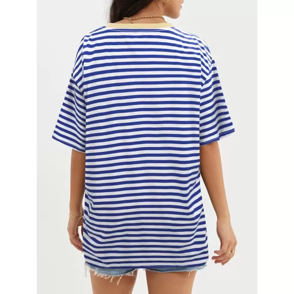 imageATHMILE Womens Oversized T Shirts Loose Fit Crewneck Short Sleeve Tops Summer Casual Blouse Y2K 2024 Basic TeeStriped Blue  White
