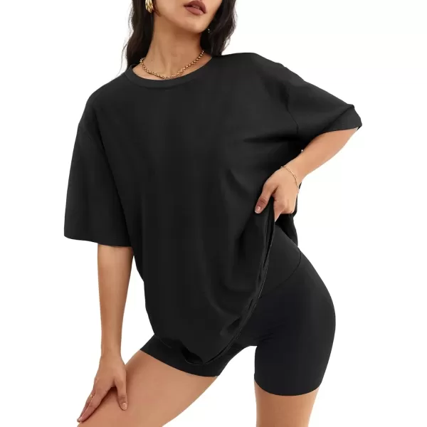 imageATHMILE Womens Oversized T Shirts Loose Fit Crewneck Short Sleeve Tops Summer Casual Blouse Y2K 2024 Basic TeeBlack