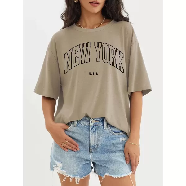 imageATHMILE Womens Oversized T Shirts Loose Fit Crewneck Short Sleeve Tops Summer Casual Blouse Y2K 2024 Basic TeeKhakin