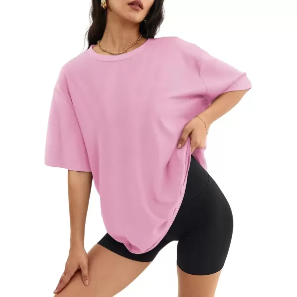 imageATHMILE Womens Oversized T Shirts Loose Fit Crewneck Short Sleeve Tops Summer Casual Blouse Y2K 2024 Basic TeePink