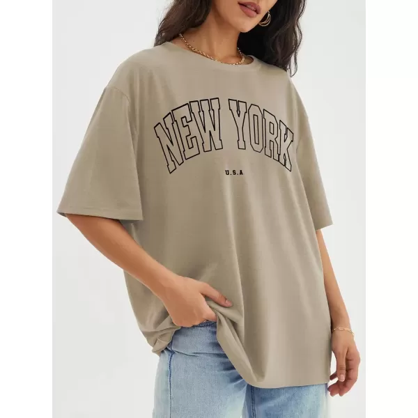 imageATHMILE Womens Oversized T Shirts Loose Fit Crewneck Short Sleeve Tops Summer Casual Blouse Y2K 2024 Basic TeeKhakin