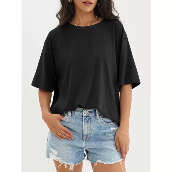 imageATHMILE Womens Oversized T Shirts Loose Fit Crewneck Short Sleeve Tops Summer Casual Blouse Y2K 2024 Basic TeeBlack