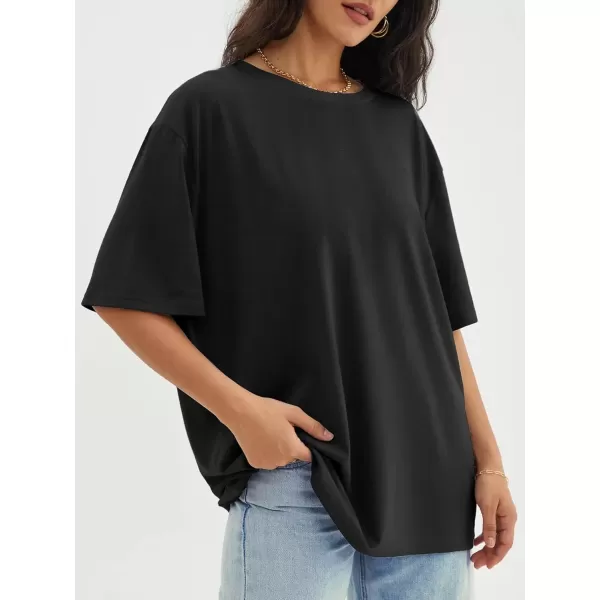 imageATHMILE Womens Oversized T Shirts Loose Fit Crewneck Short Sleeve Tops Summer Casual Blouse Y2K 2024 Basic TeeBlack