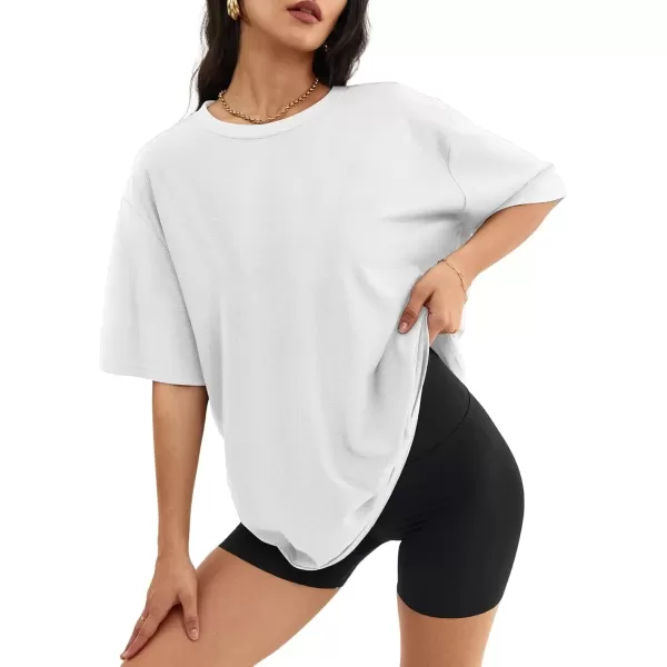 imageATHMILE Womens Oversized T Shirts Loose Fit Crewneck Short Sleeve Tops Summer Casual Blouse Y2K 2024 Basic TeeWhite