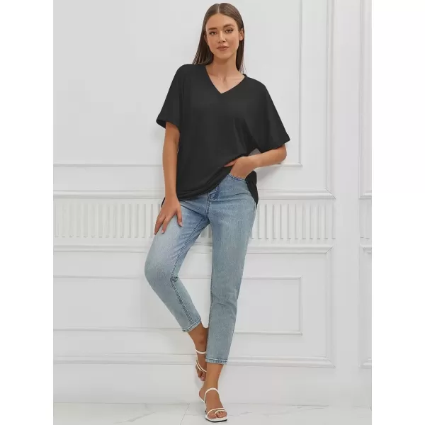 imageATHMILE Womens Oversized T Shirts Loose Fit V Neck Short Sleeve Summer Casual Blouse 2024 Y2K Tee TopsBlack
