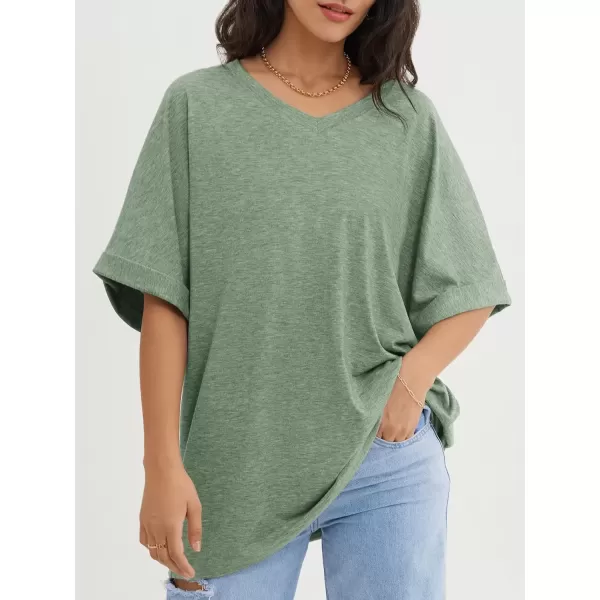imageATHMILE Womens Oversized T Shirts Loose Fit V Neck Short Sleeve Summer Casual Blouse 2024 Y2K Tee TopsGray Green