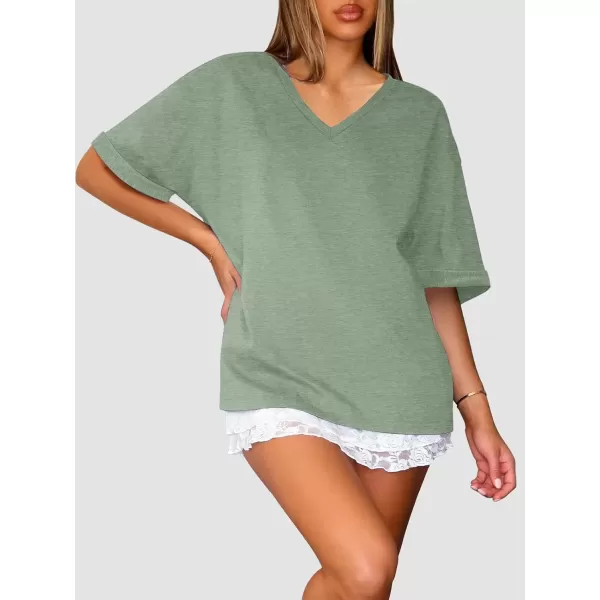 imageATHMILE Womens Oversized T Shirts Loose Fit V Neck Short Sleeve Summer Casual Blouse 2024 Y2K Tee TopsGray Green