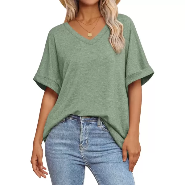 imageATHMILE Womens Oversized T Shirts Loose Fit V Neck Short Sleeve Summer Casual Blouse 2024 Y2K Tee TopsGray Green