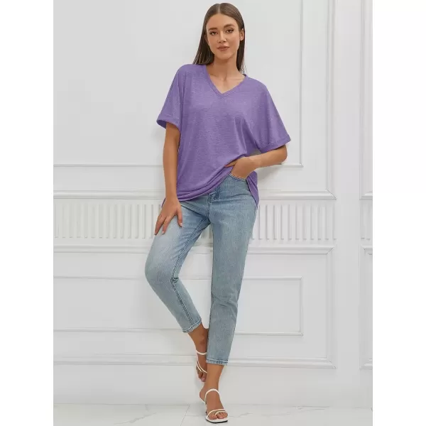 imageATHMILE Womens Oversized T Shirts Loose Fit V Neck Short Sleeve Summer Casual Blouse 2024 Y2K Tee TopsPurple