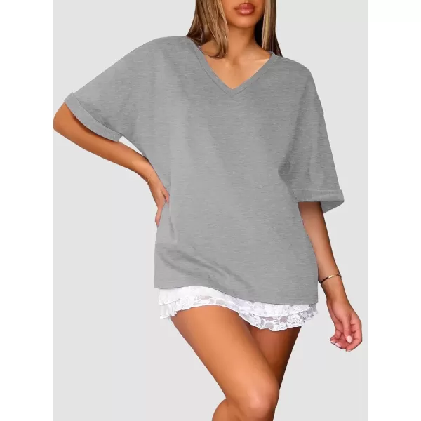 imageATHMILE Womens Oversized T Shirts Loose Fit V Neck Short Sleeve Summer Casual Blouse 2024 Y2K Tee TopsLight Gray