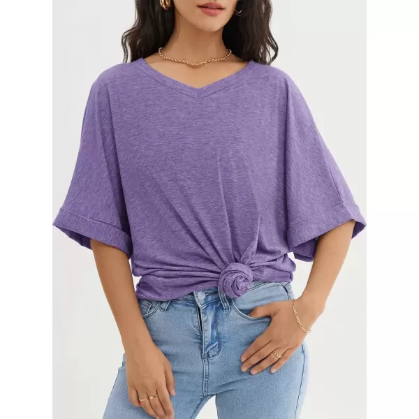 imageATHMILE Womens Oversized T Shirts Loose Fit V Neck Short Sleeve Summer Casual Blouse 2024 Y2K Tee TopsPurple