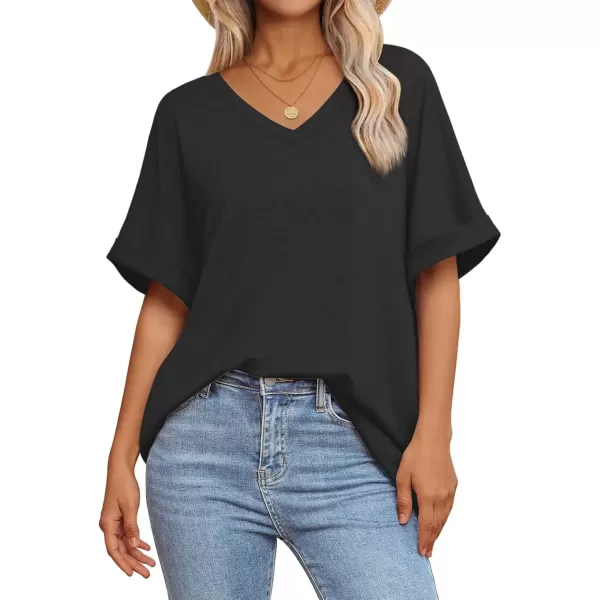 imageATHMILE Womens Oversized T Shirts Loose Fit V Neck Short Sleeve Summer Casual Blouse 2024 Y2K Tee TopsBlack
