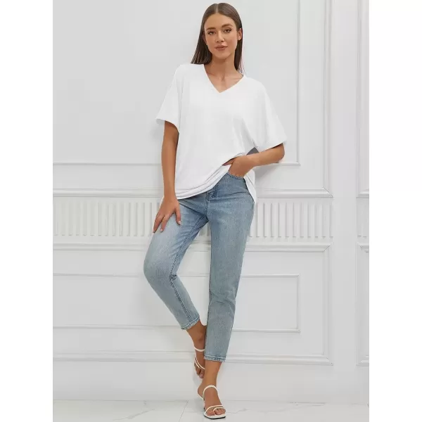 imageATHMILE Womens Oversized T Shirts Loose Fit V Neck Short Sleeve Summer Casual Blouse 2024 Y2K Tee TopsWhite