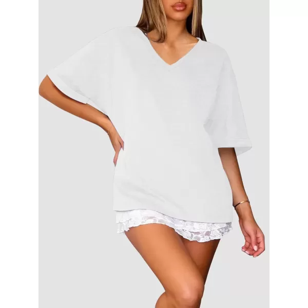 imageATHMILE Womens Oversized T Shirts Loose Fit V Neck Short Sleeve Summer Casual Blouse 2024 Y2K Tee TopsWhite