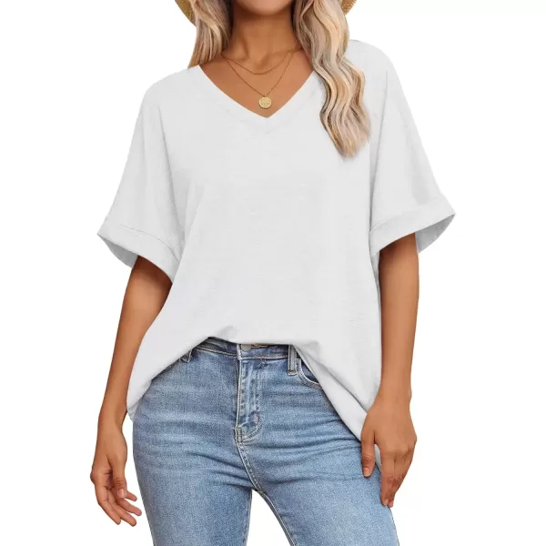 imageATHMILE Womens Oversized T Shirts Loose Fit V Neck Short Sleeve Summer Casual Blouse 2024 Y2K Tee TopsWhite