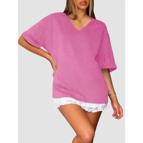 imageATHMILE Womens Oversized T Shirts Loose Fit V Neck Short Sleeve Summer Casual Blouse 2024 Y2K Tee TopsRose