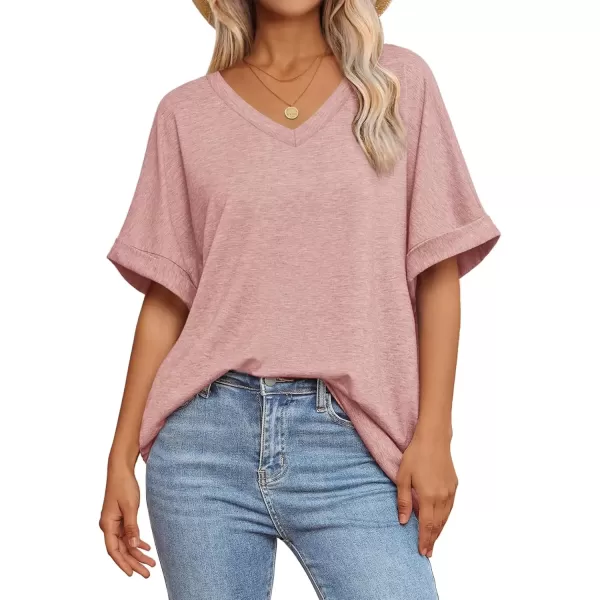 imageATHMILE Womens Oversized T Shirts Loose Fit V Neck Short Sleeve Summer Casual Blouse 2024 Y2K Tee TopsPink