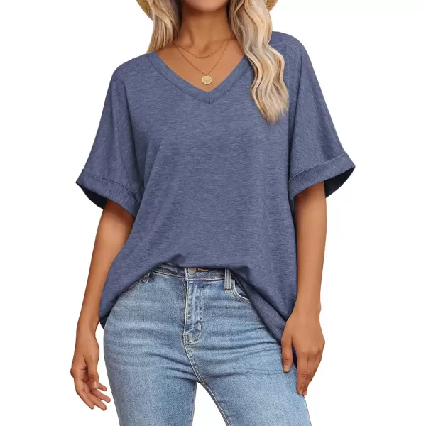 imageATHMILE Womens Oversized T Shirts Loose Fit V Neck Short Sleeve Summer Casual Blouse 2024 Y2K Tee TopsNavy