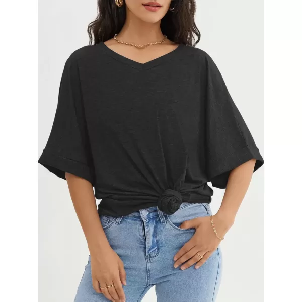 imageATHMILE Womens Oversized T Shirts Loose Fit V Neck Short Sleeve Summer Casual Blouse 2024 Y2K Tee TopsBlack