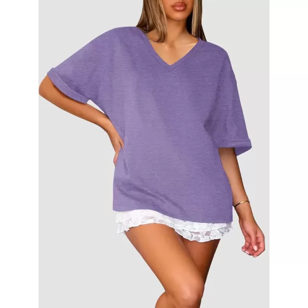 imageATHMILE Womens Oversized T Shirts Loose Fit V Neck Short Sleeve Summer Casual Blouse 2024 Y2K Tee TopsPurple