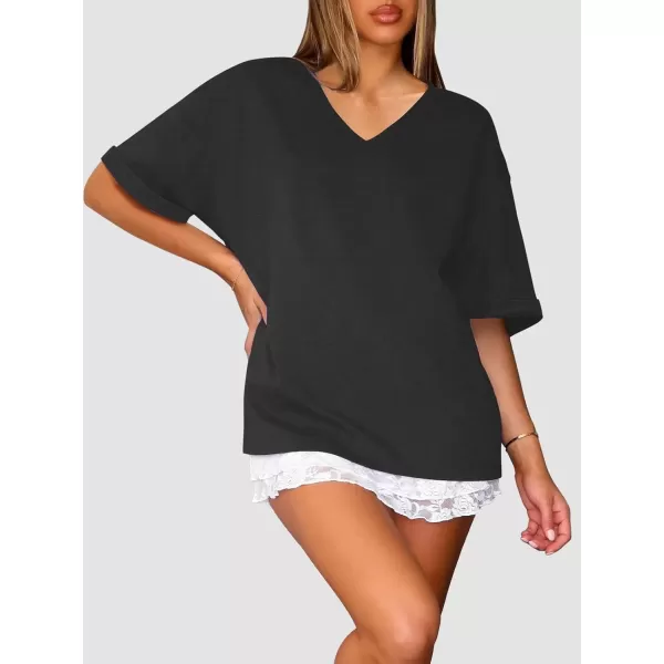 imageATHMILE Womens Oversized T Shirts Loose Fit V Neck Short Sleeve Summer Casual Blouse 2024 Y2K Tee TopsBlack