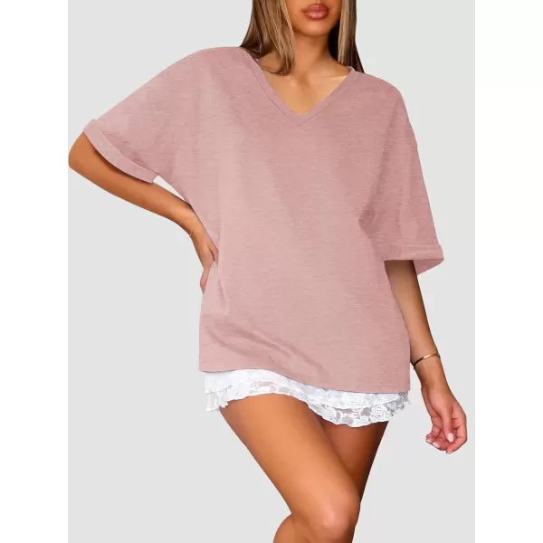 imageATHMILE Womens Oversized T Shirts Loose Fit V Neck Short Sleeve Summer Casual Blouse 2024 Y2K Tee TopsPink