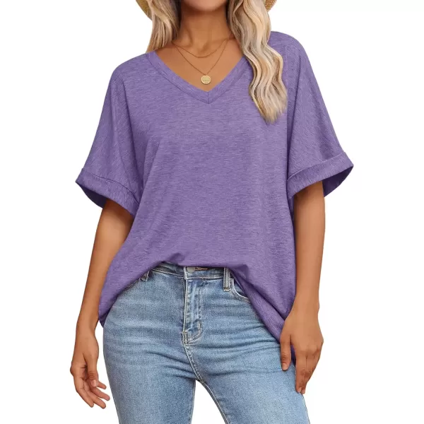 imageATHMILE Womens Oversized T Shirts Loose Fit V Neck Short Sleeve Summer Casual Blouse 2024 Y2K Tee TopsPurple