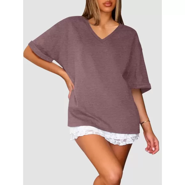 imageATHMILE Womens Oversized T Shirts Loose Fit V Neck Short Sleeve Summer Casual Blouse 2024 Y2K Tee TopsWine Red