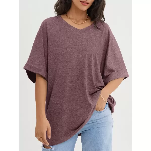 imageATHMILE Womens Oversized T Shirts Loose Fit V Neck Short Sleeve Summer Casual Blouse 2024 Y2K Tee TopsWine Red