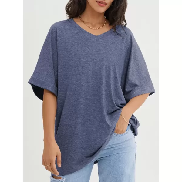 imageATHMILE Womens Oversized T Shirts Loose Fit V Neck Short Sleeve Summer Casual Blouse 2024 Y2K Tee TopsNavy