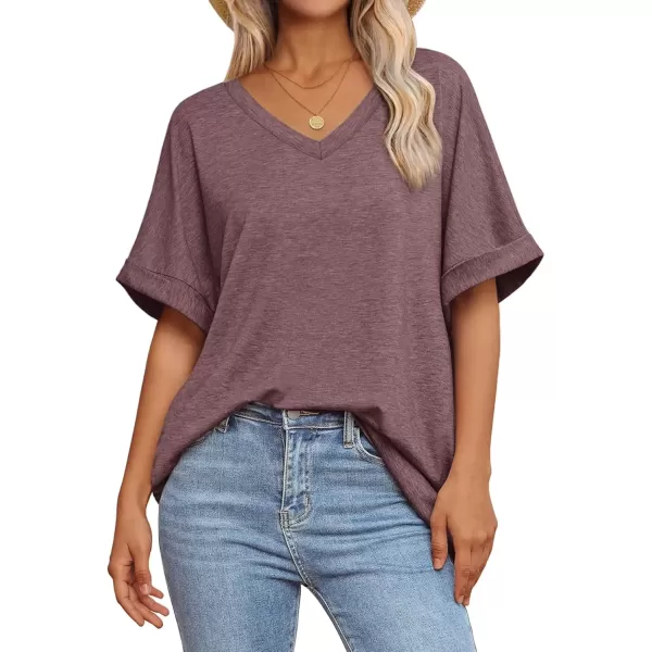 imageATHMILE Womens Oversized T Shirts Loose Fit V Neck Short Sleeve Summer Casual Blouse 2024 Y2K Tee TopsWine Red