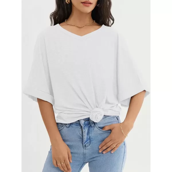 imageATHMILE Womens Oversized T Shirts Loose Fit V Neck Short Sleeve Summer Casual Blouse 2024 Y2K Tee TopsWhite