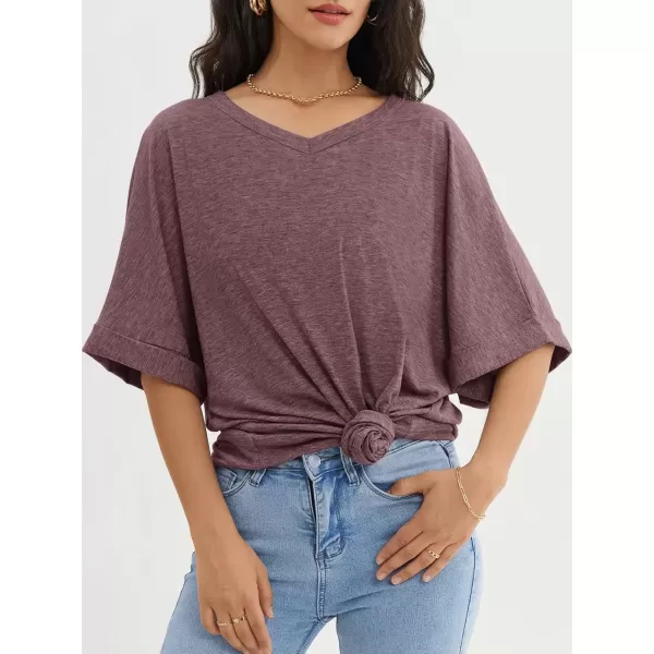imageATHMILE Womens Oversized T Shirts Loose Fit V Neck Short Sleeve Summer Casual Blouse 2024 Y2K Tee TopsWine Red
