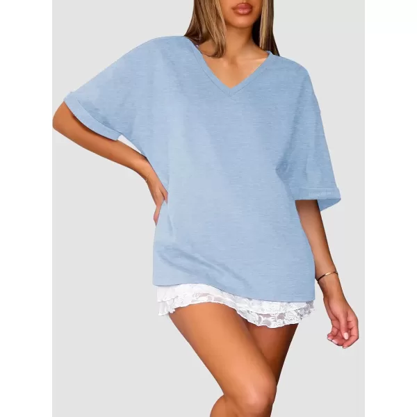 imageATHMILE Womens Oversized T Shirts Loose Fit V Neck Short Sleeve Summer Casual Blouse 2024 Y2K Tee TopsIce Blue