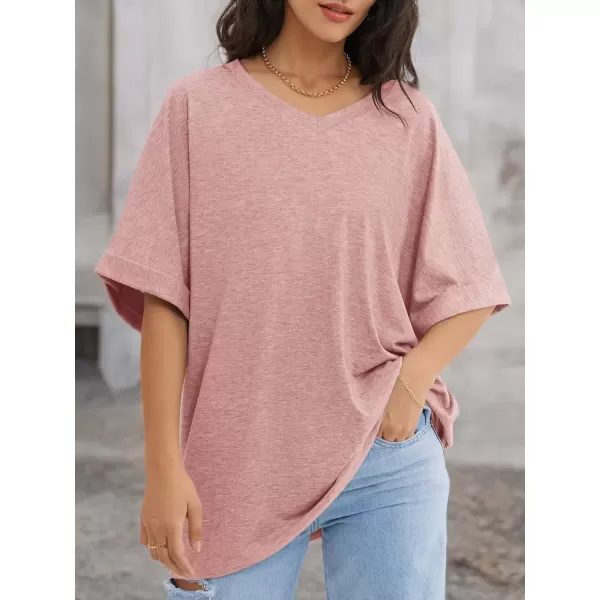 imageATHMILE Womens Oversized T Shirts Loose Fit V Neck Short Sleeve Summer Casual Blouse 2024 Y2K Tee TopsPink