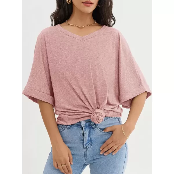 imageATHMILE Womens Oversized T Shirts Loose Fit V Neck Short Sleeve Summer Casual Blouse 2024 Y2K Tee TopsPink