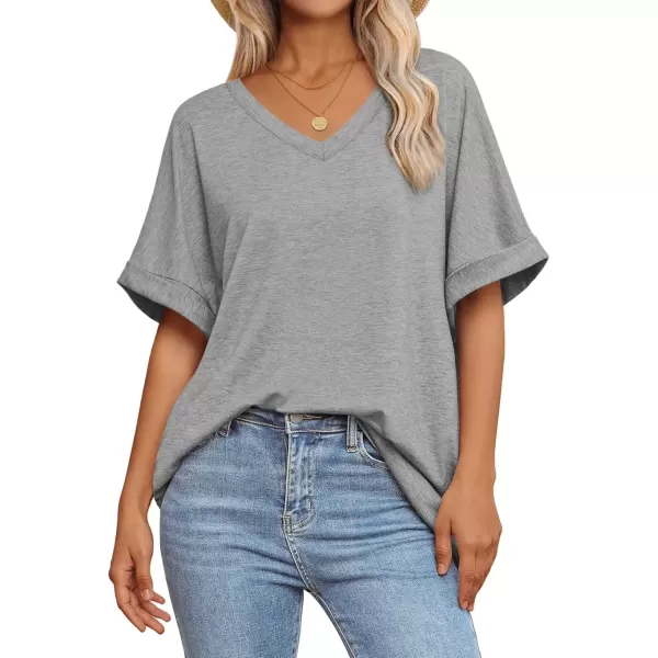 imageATHMILE Womens Oversized T Shirts Loose Fit V Neck Short Sleeve Summer Casual Blouse 2024 Y2K Tee TopsLight Gray