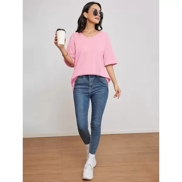 imageATHMILE Womens Oversized T Shirts V Neck Tees Half Sleeve Cozy Comfy Tunic 2024 Y2K Tops CasualPink