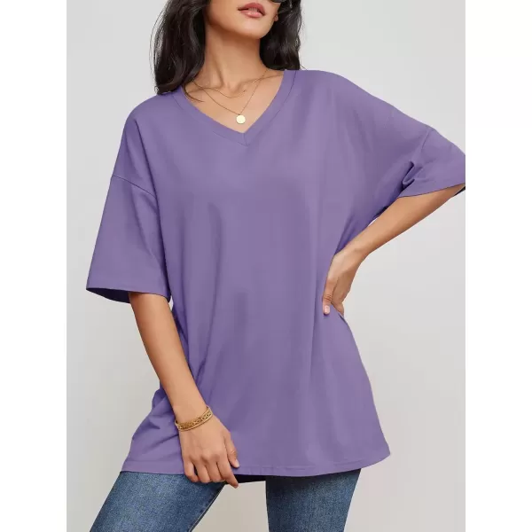 imageATHMILE Womens Oversized T Shirts V Neck Tees Half Sleeve Cozy Comfy Tunic 2024 Y2K Tops CasualLavender