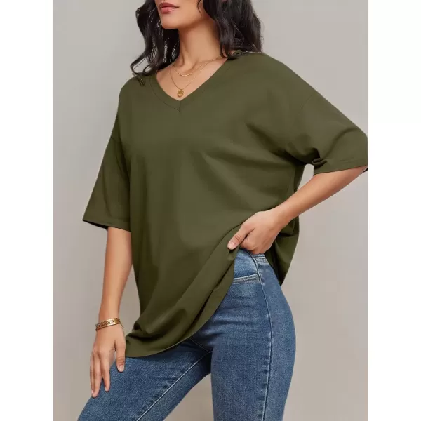 imageATHMILE Womens Oversized T Shirts V Neck Tees Half Sleeve Cozy Comfy Tunic 2024 Y2K Tops CasualArmy Green